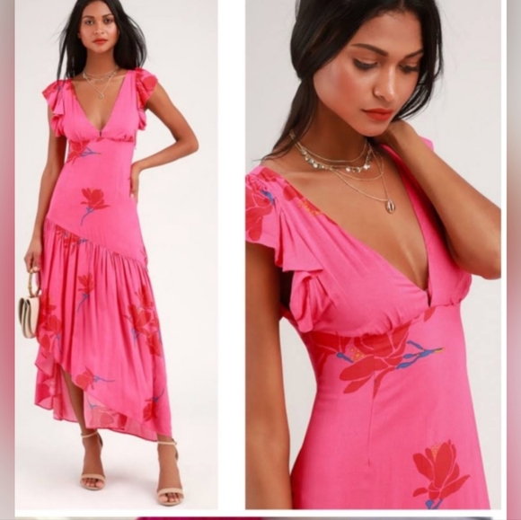 Free People Dresses & Skirts - Free People She’s a Waterfall floral maxi dress hot pink fuschia dress Sz 0 XS